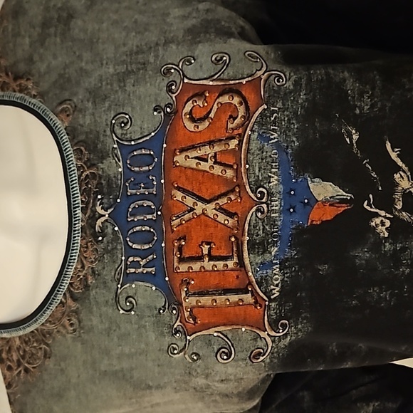 CACTUS Y2k Black Bedazzled Graphic Rodeo Texas Three Quarter Sleeve Top - Picture 4 of 8